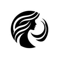 Silhouette of a womans profile within a stylized circular frame, showcasing flowing hair and graceful curves in stark black and white. vector