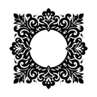 Ornate black and white square frame with a circular center, featuring detailed floral and scrollwork elements on a clean white background. vector