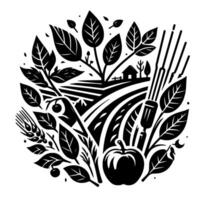Monochromatic farm harvest a circular illustration of a farm with fields, crops, trees, and tools, celebrating agriculture in a stylized, graphical design. vector