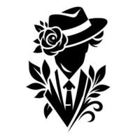 Silhouette of a dapper figure, adorned with a fedora and a rose, surrounded by elegant foliage and styled into an art deco design. vector