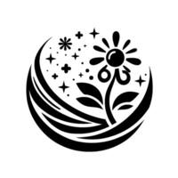 Elegant black and white floral emblem with a daisy, leaves, stars, and decorative crescent enclosed in a circular design. vector