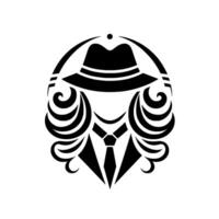 A stylized black and white illustration of a person wearing a fedora, surrounded by swirling, ornamental elements, creating a visually striking image. vector