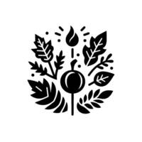 A stylized, monochrome emblem featuring a central pumpkinlike form, surrounded by leaves and a flamelike element, evoking autumns essence. vector