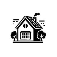 A minimalist black and white illustration of a charming cottage, featuring trees, smoke, and subtle weather indicators, evoking a sense of calm. vector