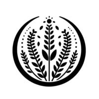 A symmetrical, minimalist black and white emblem, showcasing stylized botanical elements within a circular frame and a semicircular top, evoking a sense of simplicity and natural beauty. vector