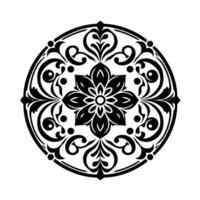 Intricate black and white floral mandala a symmetrical circular composition featuring a central stylized flower and elaborate swirling details within a bold circular frame. vector