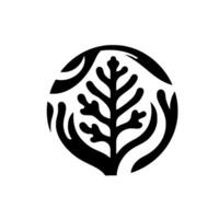 Abstract black and white botanical illustration a stylized treelike form encased within a circle, accented by organic, curved elements, evokes a sense of harmony. vector