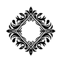 Intricate symmetrical black and white ornamental with stylized floral and foliate motifs, forming a diamondshaped frame. vector