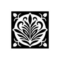 Elegant symmetrical black and white floral ornament design, featuring a central stylized plant within a circular frame, set on a square, minimalist composition. vector