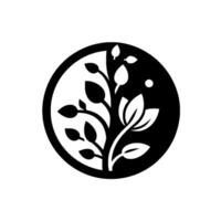 Yin yanginspired illustration of a stylized plant within a circle, featuring black and white contrasting halves symbolizing balance and harmony. vector