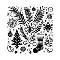 Intricate black and white christmas composition festive elements, snowflake ornaments, tree, stocking, and botanicals arranged in a symmetrical pattern. vector