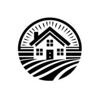 A stylized monochrome featuring a house with radiating lines, encircled by a circular design, and the suggestion of rolling fields below. vector