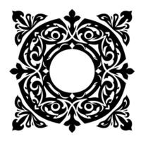 Intricate black and white symmetrical design, featuring a circular frame, ornate floral patterns, and stylized shapes within a square composition, on a pristine white background. vector