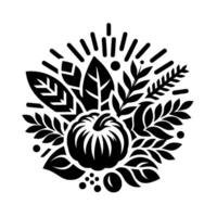 A stylized black and white illustration of a pumpkin surrounded by leaves, berries, and radiating lines, symbolizing autumn and harvest. vector