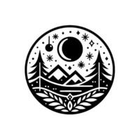Black and white circular illustration of a night scene mountains, trees, crescent moon, and stars, in a stylized, minimalist design. vector