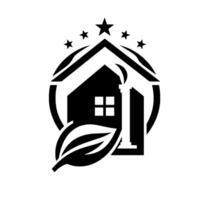 A minimalist black and white featuring a house encompassed by a circle, topped with stars and a leaf, representing ecofriendly real estate. vector