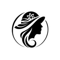 Elegant silhouette a womans profile in a sun hat, embellished with floral details, enclosed in a circular frame, ideal for design. vector