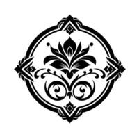 Intricate black floral ornament in a circular frame a symmetrical, ornamental with detailed petals and swirls, perfect for decorative applications. vector
