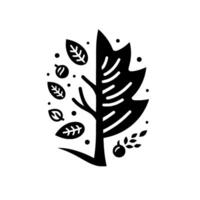 A stylized, halfandhalf illustration featuring a tree, split down the middle, showcasing both leafy foliage and intricate branch detail with falling elements and berries, set against a pure white ba vector