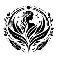 Silhouette of a woman with flowing hair, surrounded by stylized feathers, leaves, and berries, with two birds soaring above, set in a circular frame. vector