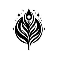 Elegant black and white feather motif with embellished sparkles a stylized, symmetrical artwork featuring a featherlike central with surrounding celestial accents on a stark white background. vector