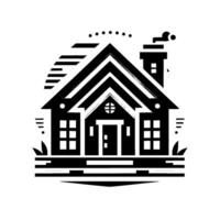 Minimalist black and white illustration of a geometric house with chimney, windows, and decorative elements, on a clean white background. vector