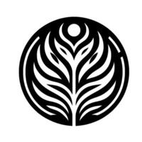 Elegant minimalist black and white botanical emblem featuring stylized leaves and a central sunlike circle, set within a circular frame. vector