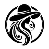 Elegant silhouette a woman in a widebrimmed hat and flowing hair, enclosed in a circular frame, a classic and sophisticated design. vector