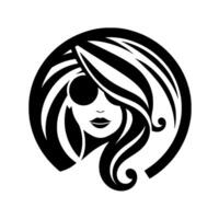 Elegant black and white silhouette of a woman with sunglasses and flowing hair, enclosed in a circular frame. vector