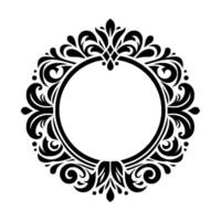 Elegant black and white circular ornamental frame with intricate floral and leafy scrollwork design, perfect for invitations and decorative applications. vector