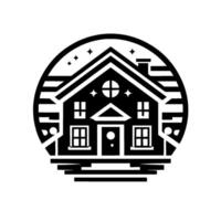 Stylized black and white illustration of a house enclosed in a circular frame with starry sky design, emphasizing geometric shapes and a clean, minimalist aesthetic. vector