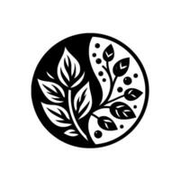 A yinyang styled emblem depicting flora, with stylized leaves and berries, rendered in a stark black and white contrast within a circular frame, evoking balance and harmony. vector