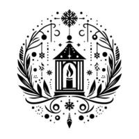 Intricate black and white winter holiday featuring a lantern with a lit candle, surrounded by ornate floral and snowflake elements, creating a circular decorative composition. vector