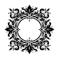 A symmetrical black and white ornate floral featuring a central circle, surrounded by repeating stylized leaves and flourishes, perfect for a frame or decorative element. vector
