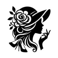 Elegant silhouette lady in a hat adorned with flowers, high heels, a touch of sophistication, and a classic graceful pose. vector