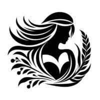 Elegant silhouette of a woman surrounded by flourishing botanical elements, a monochromatic composition conveying serenity and grace. vector