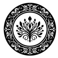 Ornate black and white circular featuring a central floral emblem and intricate decorative border elements, showcasing symmetry. vector
