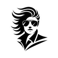 Bold black and white silhouette of a stylish person with sunglasses, featuring flowing hair and a classic jacket, on a clean white background. vector