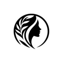 Elegant silhouette of a womans profile adorned with leafy sprigs, enclosed in a circular frame on a white background. vector