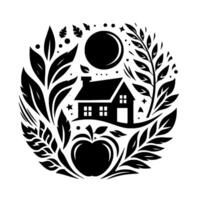 A stylized circular black and white illustration featuring a house, apple, moon, and foliage, evoking a sense of nature and tranquility. vector