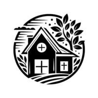 A black and white circular emblem featuring a stylized house silhouette, complemented by a tree, cloud, and other foliage elements, showcasing a simple and style. vector
