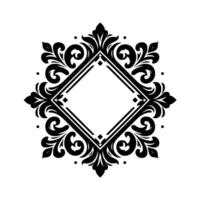 Intricate black and white ornament a symmetrical floral frame centering a diamond shape with decorative swirls and dot accents on a white background. vector