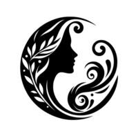 Silhouette of a womans face within an orb of nature featuring flowing hair and elegant, stylized floral and decorative elements, a monochromatic design. vector