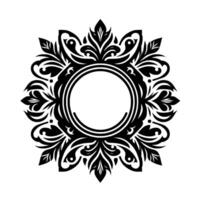 An elegant, symmetrical black and white floral featuring a central blank circle, intricate details, and a circular composition. vector