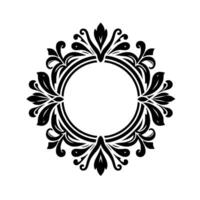 Intricate black and white circular floral frame design, symmetrical with foliage, scrolls, and elegant detailing on white backdrop. vector