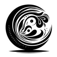 Monochromatic floral within a stylized crescent, featuring symmetrical shapes and dots, emanating a sense of harmony and balance against a clean white background. vector