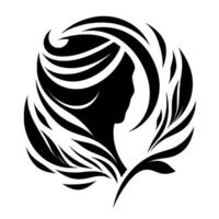Silhouette of a womans profile, framed by flowing hair and stylized leaves, set against a clean white backdrop, creating a sense of elegance. vector