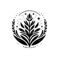Intricate black and white floral emblem within a circular frame, adorned with stars and delicate foliage, radiating serenity and elegance. vector