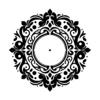 An ornate, symmetrical black and white floral circular design, with a central empty circle surrounded by intricate patterns, leaves, dots, and flourishes, creating a visually captivating and elegant o vector