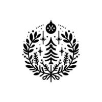 Minimalist black and white christmas ornament circular composition with tree, leaves, snowflake, and festive elements on white background vector